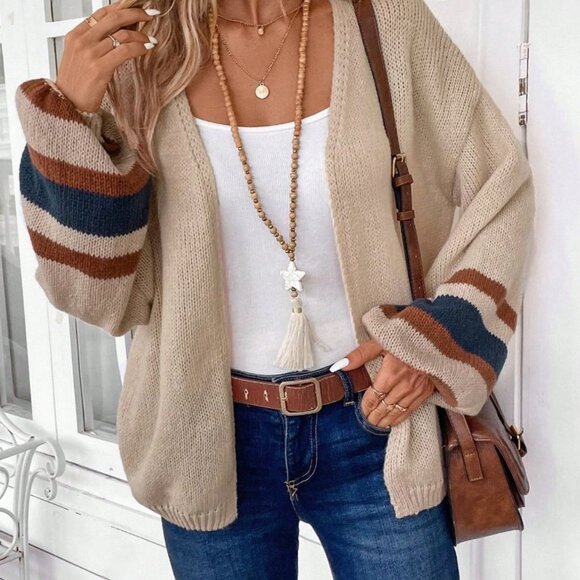 Apricot Casual Womens Colorblock Long Sleeve Cardigan - Picture 4 of 6